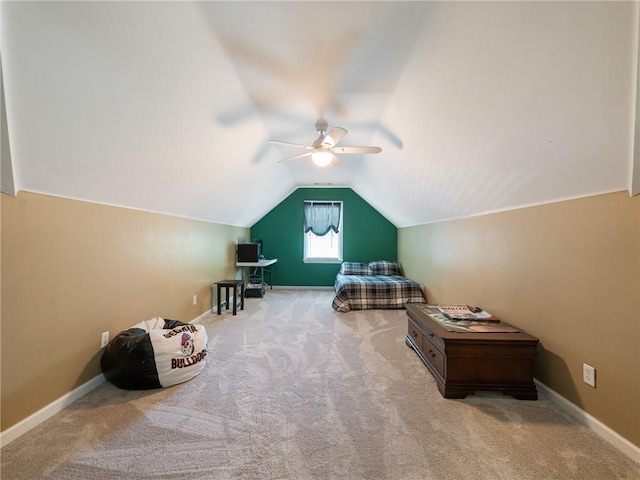 4523 Warwick Glen Pl, Flowery Branch, GA 30542 - carpeted bedroom featuring vaulted ceiling, baseboards, and ceiling fan