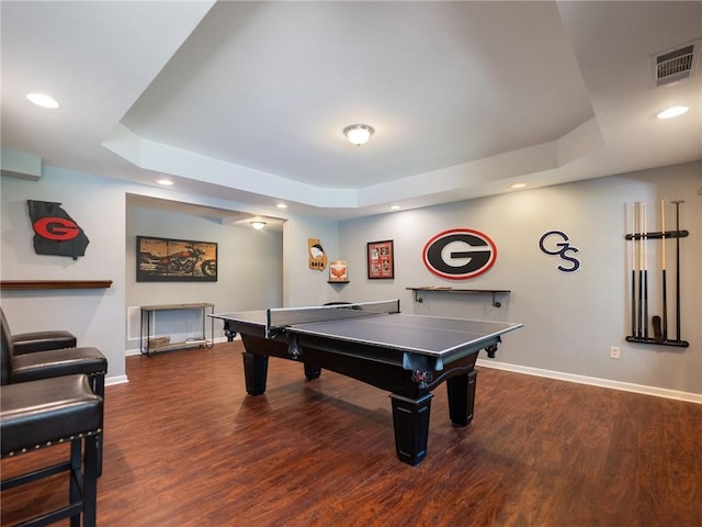 4523 Warwick Glen Pl, Flowery Branch, GA 30542 - game room featuring a tray ceiling, baseboards, wood finished floors, and recessed lighting