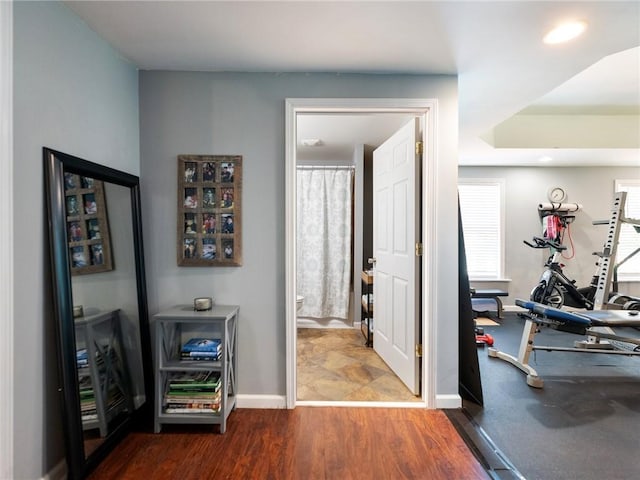 4523 Warwick Glen Pl, Flowery Branch, GA 30542 - workout area featuring baseboards, dark wood-style flooring, and recessed lighting