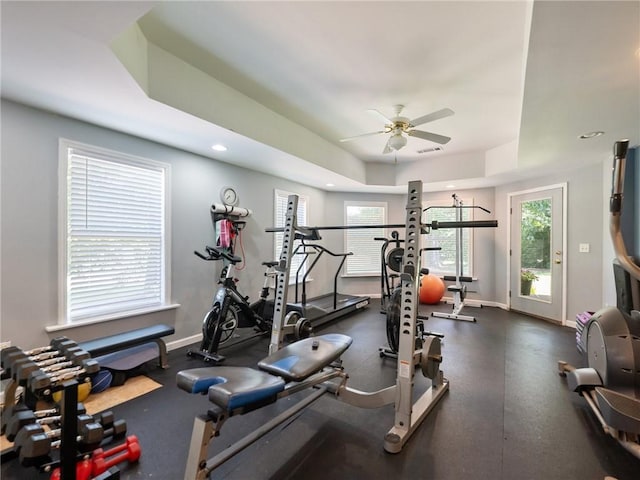 4523 Warwick Glen Pl, Flowery Branch, GA 30542 - exercise room with a ceiling fan, a tray ceiling, baseboards, and recessed lighting