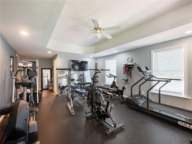 4523 Warwick Glen Pl, Flowery Branch, GA 30542 - gym with ceiling fan and recessed lighting