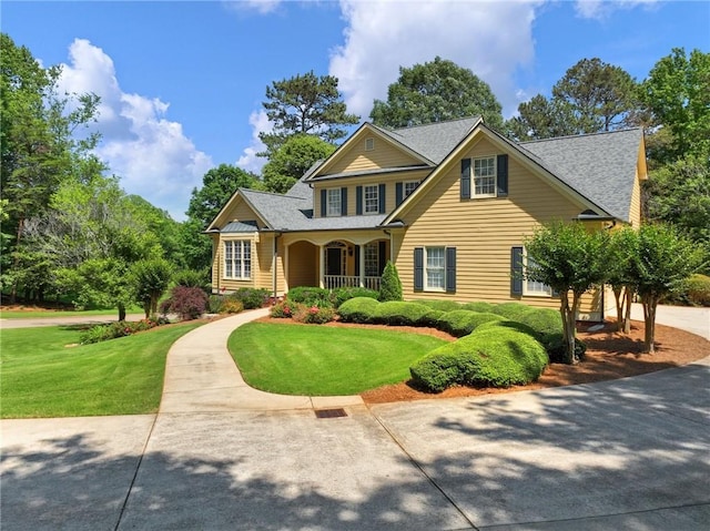 4523 Warwick Glen Pl, Flowery Branch, GA 30542 - traditional-style home featuring a front yard, a shingled roof, and covered porch