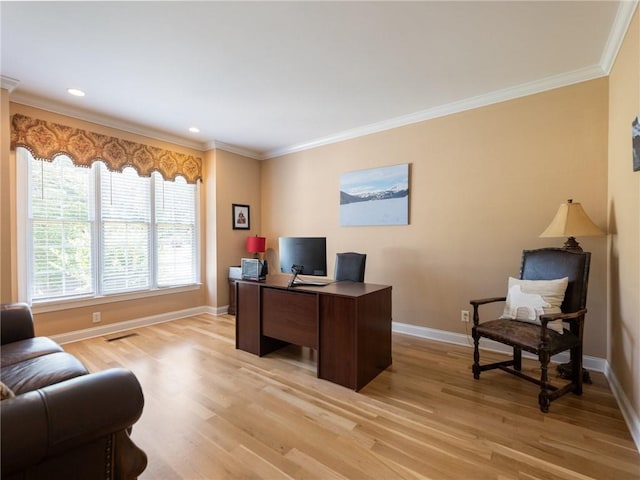 4523 Warwick Glen Pl, Flowery Branch, GA 30542 - office area featuring light wood-style floors, ornamental molding, baseboards, and recessed lighting