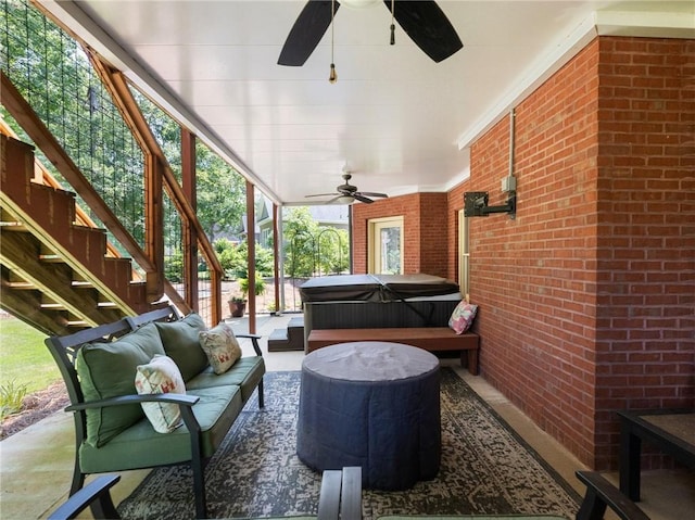 4523 Warwick Glen Pl, Flowery Branch, GA 30542 - view of patio / terrace featuring a hot tub, a ceiling fan, stairway, and an outdoor hangout area