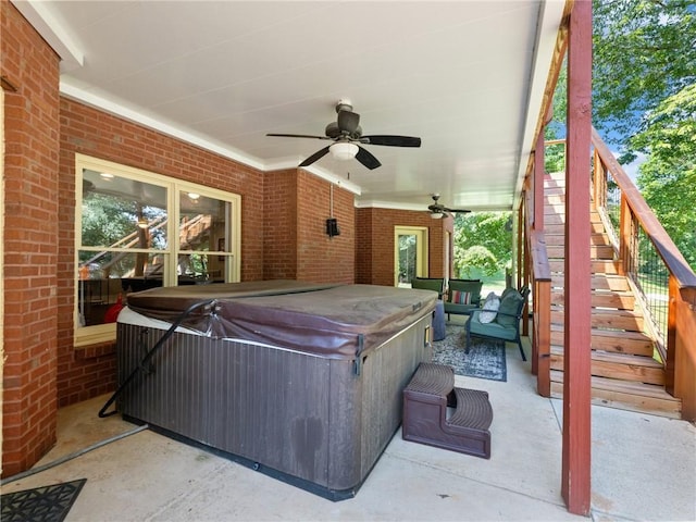4523 Warwick Glen Pl, Flowery Branch, GA 30542 - view of patio / terrace with a hot tub, stairs, and a ceiling fan