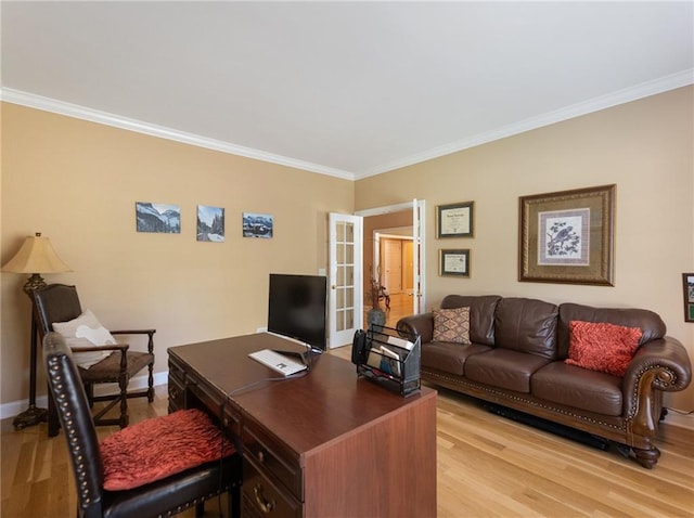 4523 Warwick Glen Pl, Flowery Branch, GA 30542 - office featuring ornamental molding, light wood finished floors, baseboards, and french doors