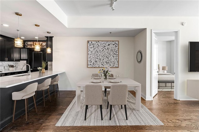 dining space with sink and dark wood-type flooring