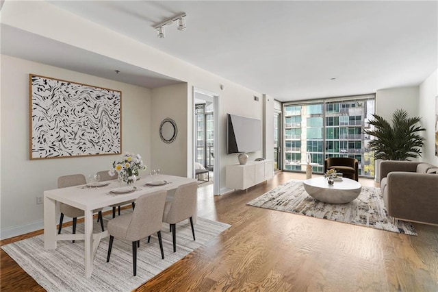 dining space featuring hardwood / wood-style flooring, floor to ceiling windows, and rail lighting