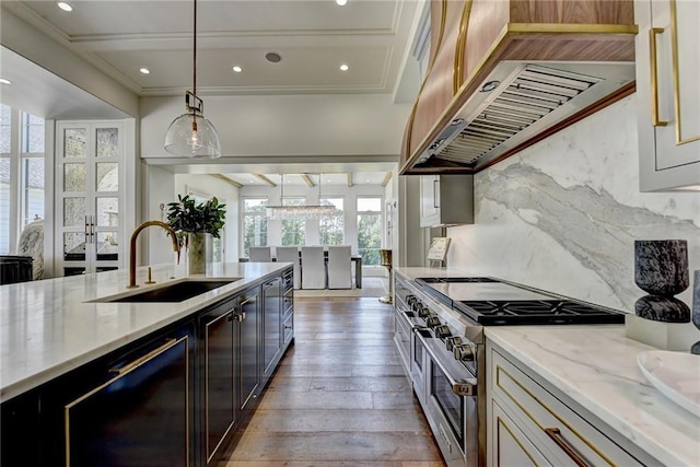 kitchen featuring light wood-style flooring, double oven range, a sink, and a wealth of natural light