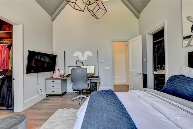 bedroom featuring a closet, wood finished floors, a spacious closet, and high vaulted ceiling