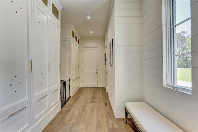 mudroom with recessed lighting and light wood finished floors