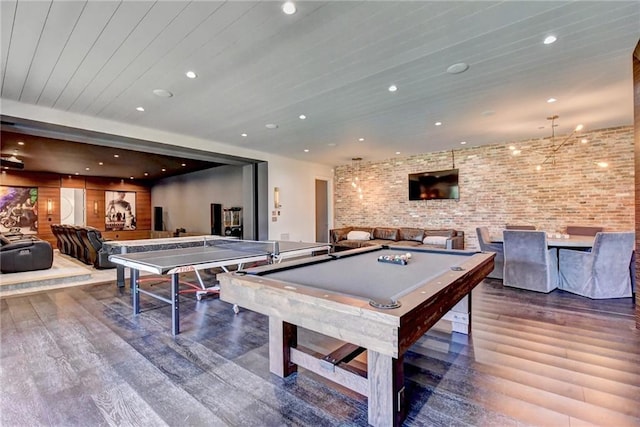 recreation room featuring wood ceiling, pool table, recessed lighting, and wood finished floors