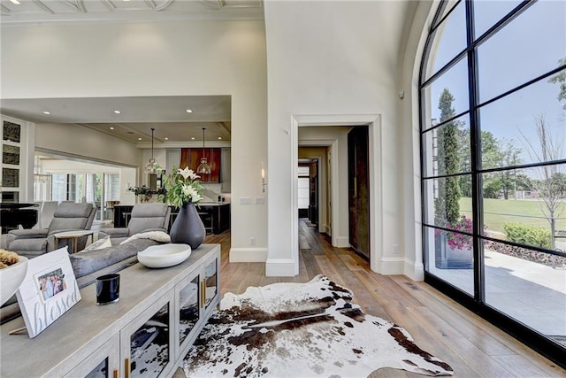living room featuring baseboards, plenty of natural light, light wood-style flooring, and a towering ceiling