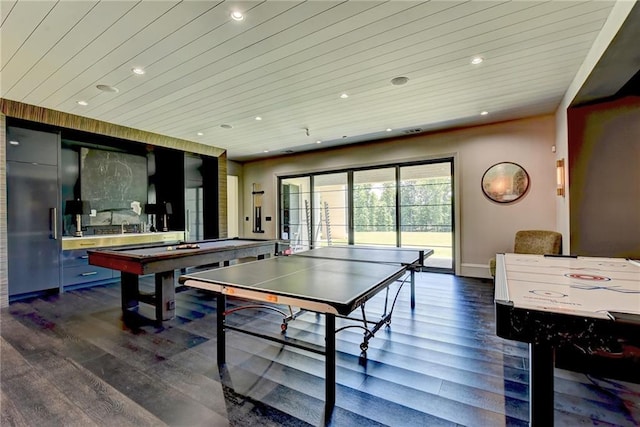 playroom with recessed lighting, wood ceiling, pool table, and dark wood-style floors