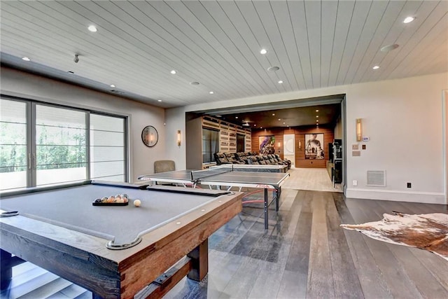 playroom with wood-type flooring, recessed lighting, baseboards, wooden ceiling, and visible vents