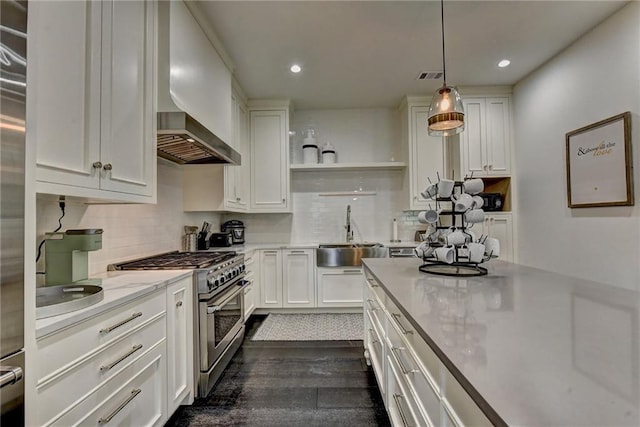 kitchen with a sink, high end stove, open shelves, and white cabinetry