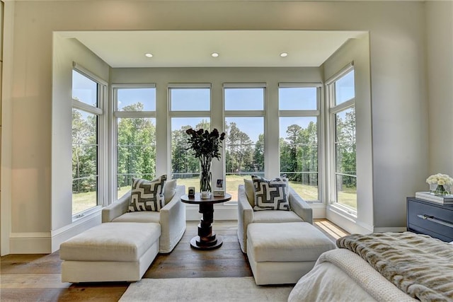 sunroom featuring baseboards, wood finished floors, and a healthy amount of sunlight
