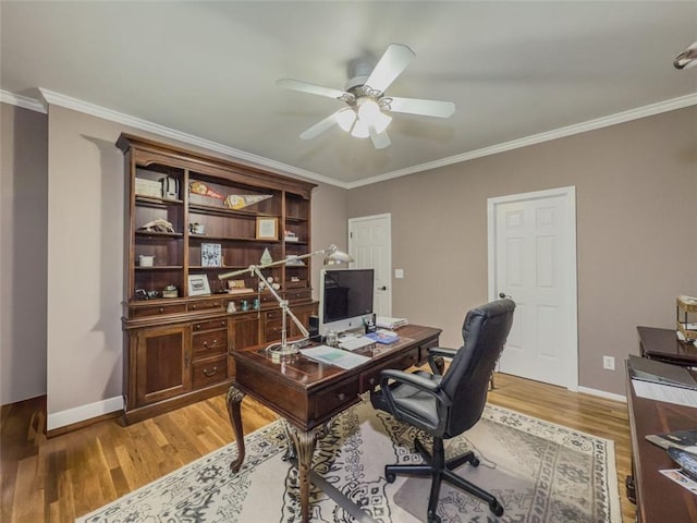 710 Bentgrass Ct, Dacula, GA 30019 - office featuring light wood-style flooring, ceiling fan, and crown molding