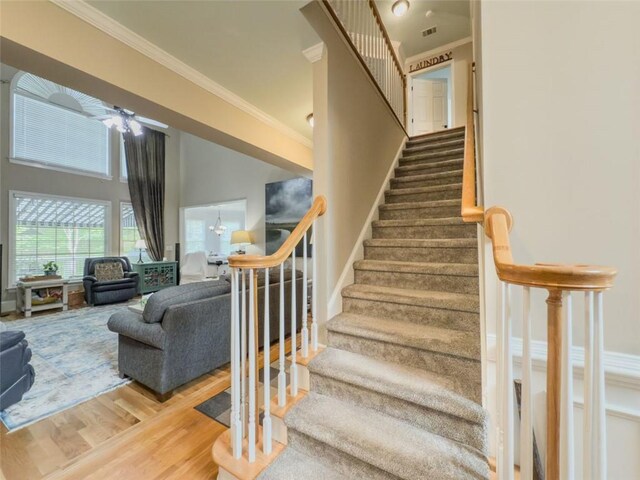 710 Bentgrass Ct, Dacula, GA 30019 - stairway with a ceiling fan, crown molding, and wood finished floors