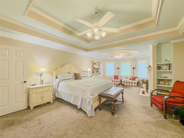 710 Bentgrass Ct, Dacula, GA 30019 - bedroom featuring a raised ceiling, light colored carpet, crown molding, and ceiling fan