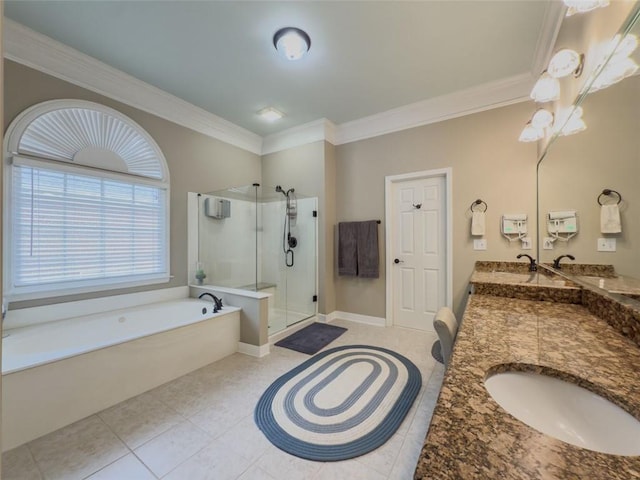 710 Bentgrass Ct, Dacula, GA 30019 - full bathroom with a stall shower, a bath, crown molding, double vanity, and tile patterned flooring