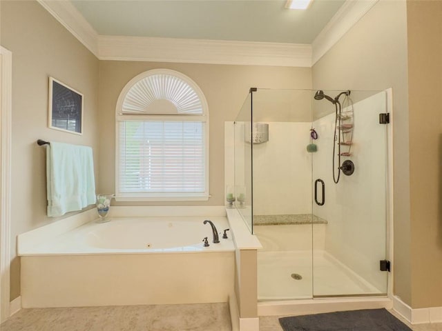 710 Bentgrass Ct, Dacula, GA 30019 - bathroom with a garden tub, a shower stall, and crown molding