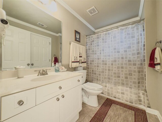 710 Bentgrass Ct, Dacula, GA 30019 - bathroom with crown molding, vanity, a shower with shower curtain, and tile patterned flooring