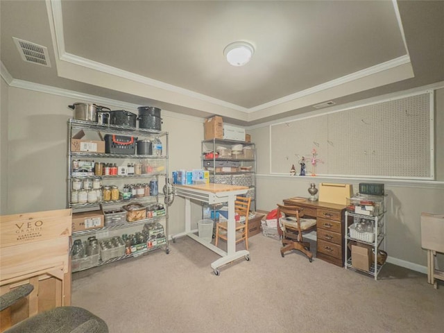 710 Bentgrass Ct, Dacula, GA 30019 - office space featuring a tray ceiling, carpet flooring, and crown molding