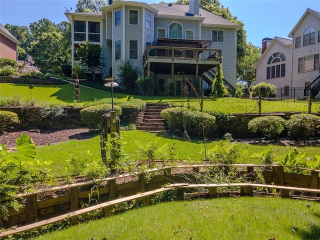 710 Bentgrass Ct, Dacula, GA 30019 - back of house featuring stairway, a deck, and a chimney