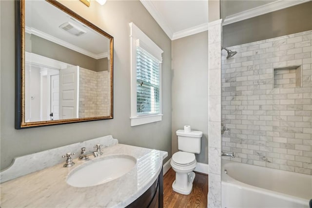 full bath featuring visible vents, toilet, ornamental molding, wood finished floors, and vanity