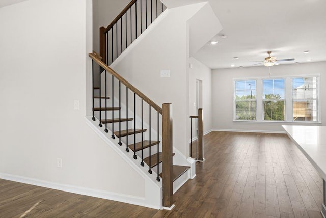 stairs with ceiling fan and wood-type flooring