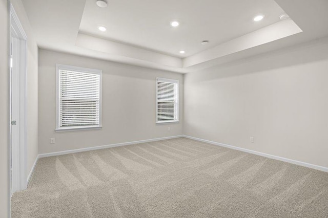 carpeted empty room with a raised ceiling