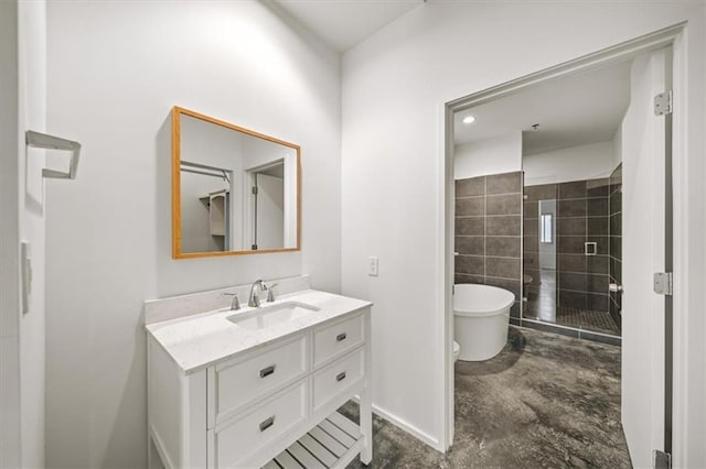 bathroom featuring vanity, concrete flooring, and independent shower and bath