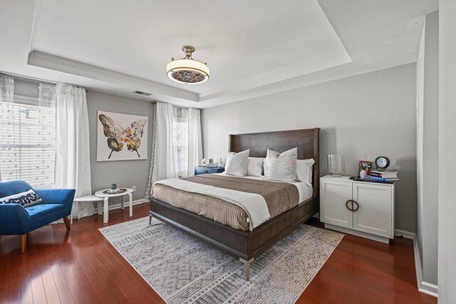 bedroom featuring a raised ceiling and dark wood-type flooring