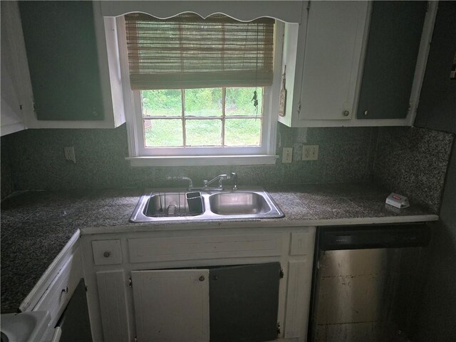 1203 Balboa Ct, Norcross, GA 30093 - kitchen featuring stainless steel dishwasher, a sink, white cabinets, tile countertops, and decorative backsplash
