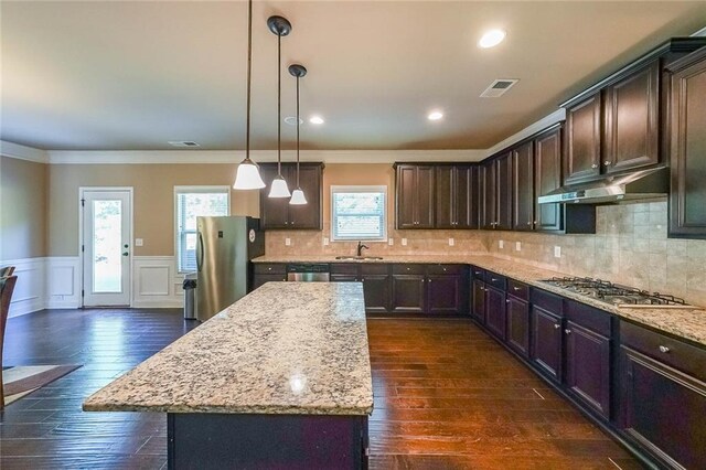 kitchen with dark hardwood / wood-style floors, appliances with stainless steel finishes, and a healthy amount of sunlight