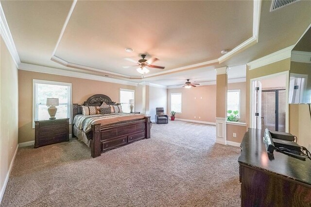 carpeted bedroom featuring decorative columns, a tray ceiling, multiple windows, and ornamental molding