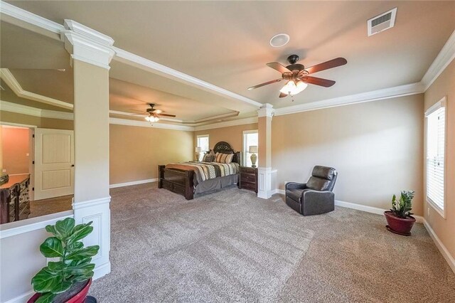 carpeted bedroom featuring ornate columns, crown molding, and ceiling fan