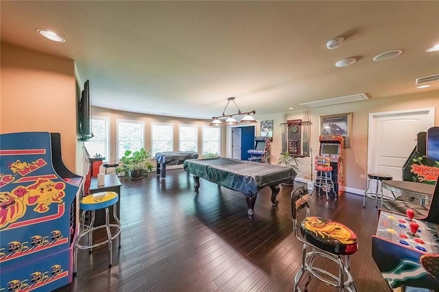 playroom featuring baseboards, billiards, visible vents, and wood finished floors