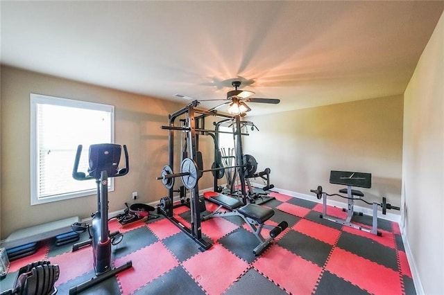 workout room featuring ceiling fan, visible vents, and baseboards