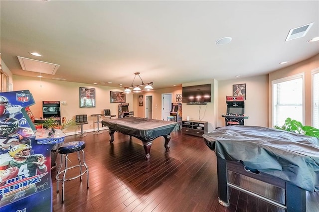 game room featuring attic access, visible vents, wood-type flooring, pool table, and recessed lighting