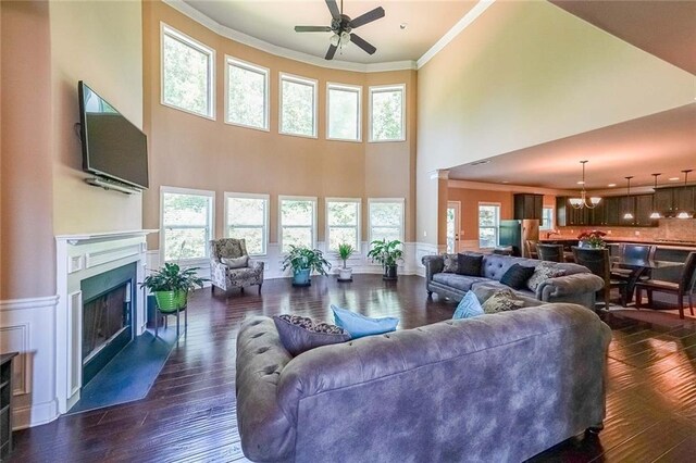 living room with dark hardwood / wood-style floors, ceiling fan with notable chandelier, ornamental molding, and a high ceiling