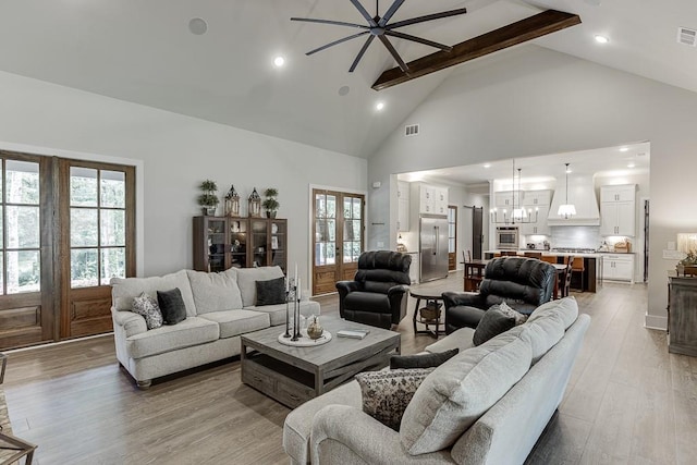 1889 Jefferson River Rd, Jefferson, GA 30549 - living room with a ceiling fan, beamed ceiling, high vaulted ceiling, light wood finished floors, and healthy amount of natural light