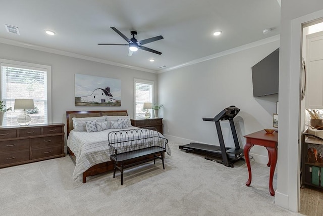 1889 Jefferson River Rd, Jefferson, GA 30549 - bedroom featuring ornamental molding, light carpet, recessed lighting, and a ceiling fan