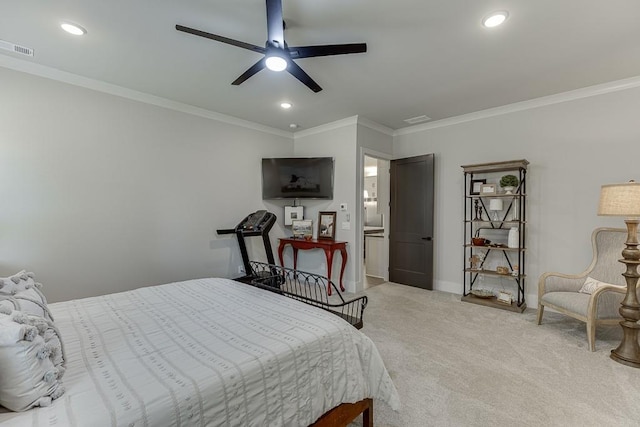 1889 Jefferson River Rd, Jefferson, GA 30549 - bedroom featuring light carpet, crown molding, recessed lighting, and a ceiling fan