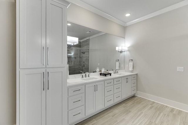 1889 Jefferson River Rd, Jefferson, GA 30549 - full bathroom with double vanity, a stall shower, ornamental molding, and recessed lighting