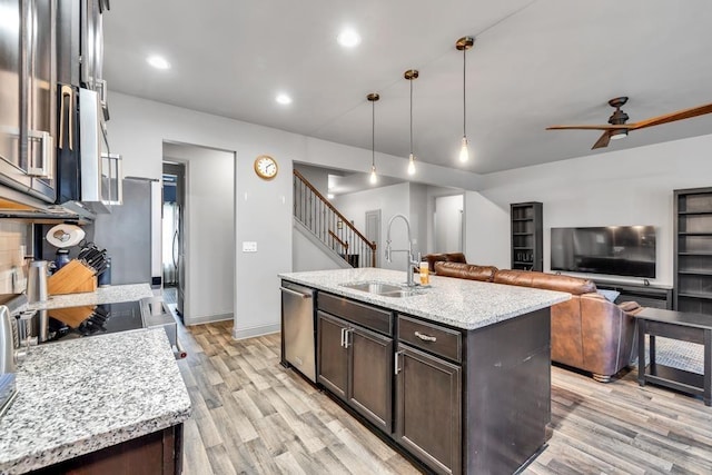 386 Summersong Pl, Talmo, GA 30575 - kitchen featuring dark brown cabinetry, light wood-type flooring, stainless steel dishwasher, a ceiling fan, and recessed lighting
