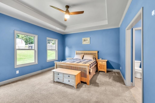 386 Summersong Pl, Talmo, GA 30575 - bedroom with a raised ceiling, light colored carpet, ornamental molding, and a ceiling fan
