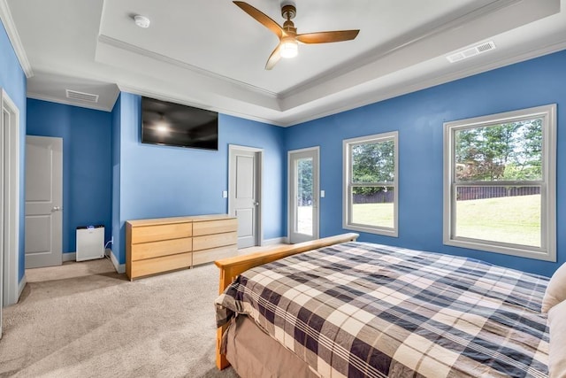 386 Summersong Pl, Talmo, GA 30575 - bedroom with a tray ceiling, carpet floors, crown molding, and a ceiling fan