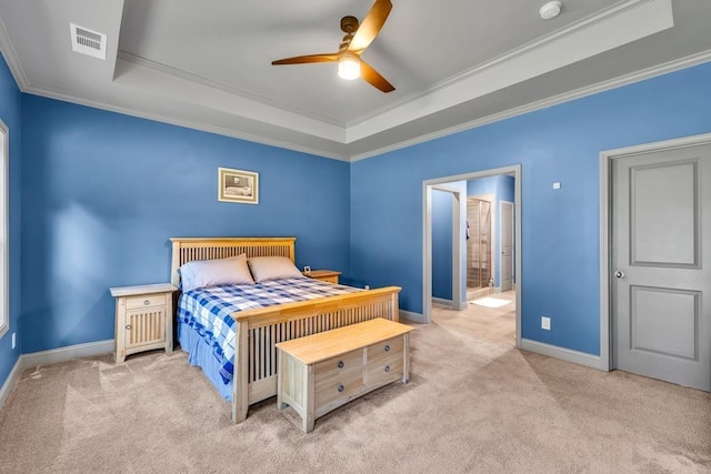 386 Summersong Pl, Talmo, GA 30575 - carpeted bedroom with a raised ceiling, ornamental molding, ceiling fan, and ensuite bath